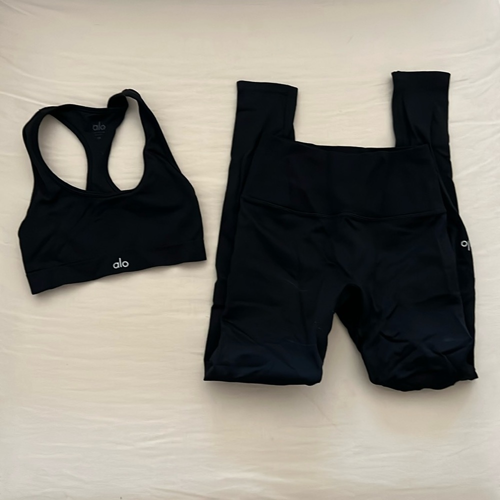Alo Black Seamless Ribbed Bra and Leggings Set 💕 Both Size XS